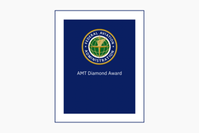 a blue and white card with a logo