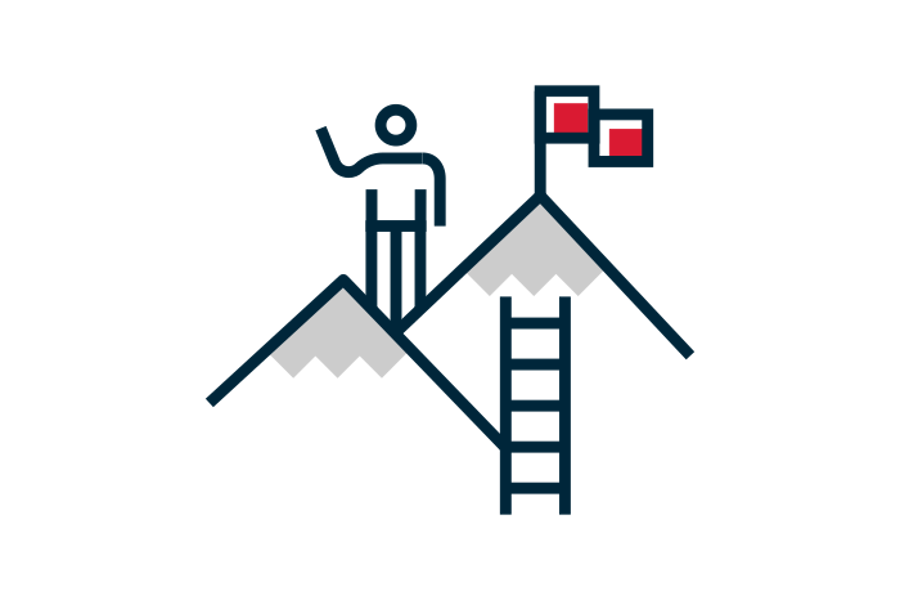 a person standing on top of a mountain with a ladder